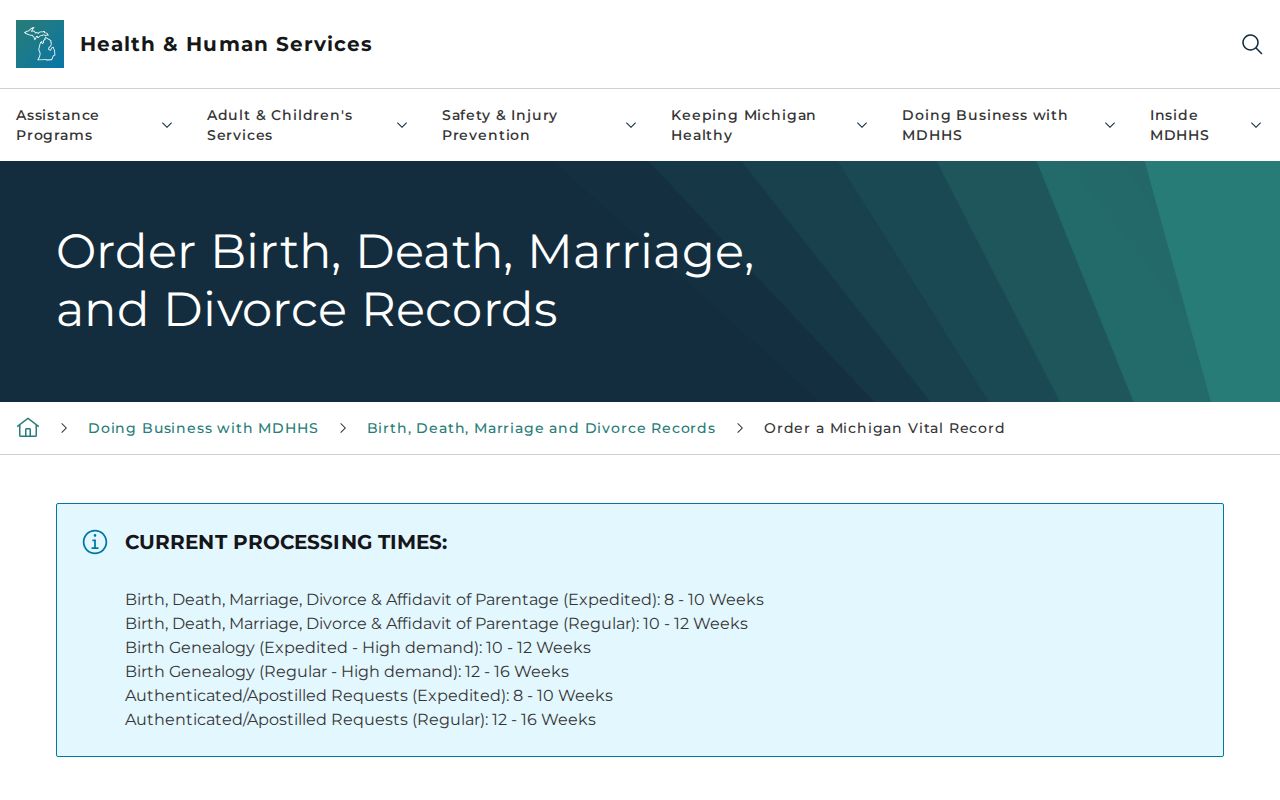 Delhi Township residents directory Michigan vital-record ordering screen