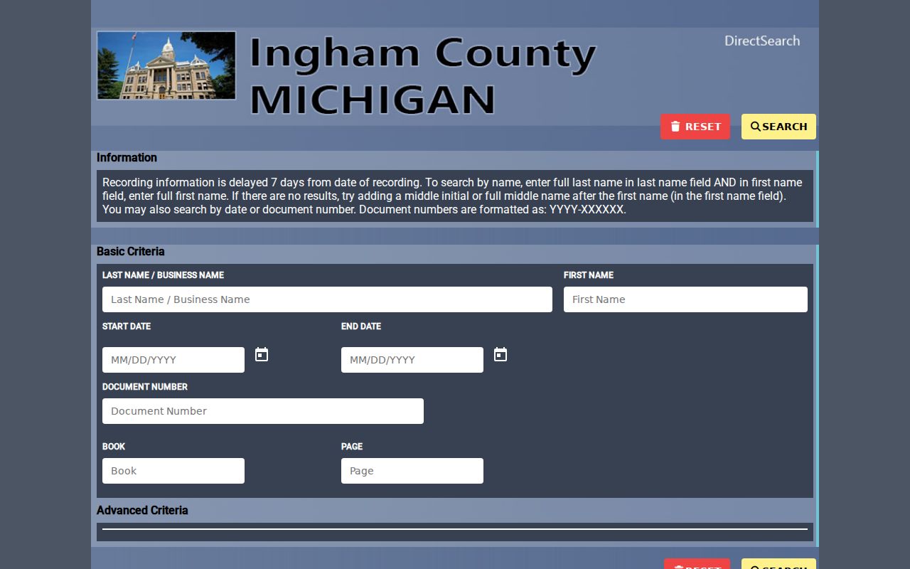 Delhi Township residents directory Ingham deed-index search screen