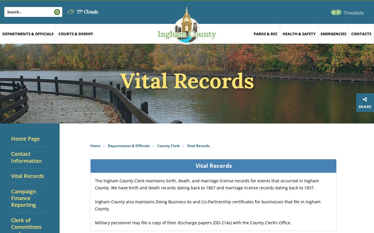 Delhi Township resident lookup image of the Ingham County vital records page