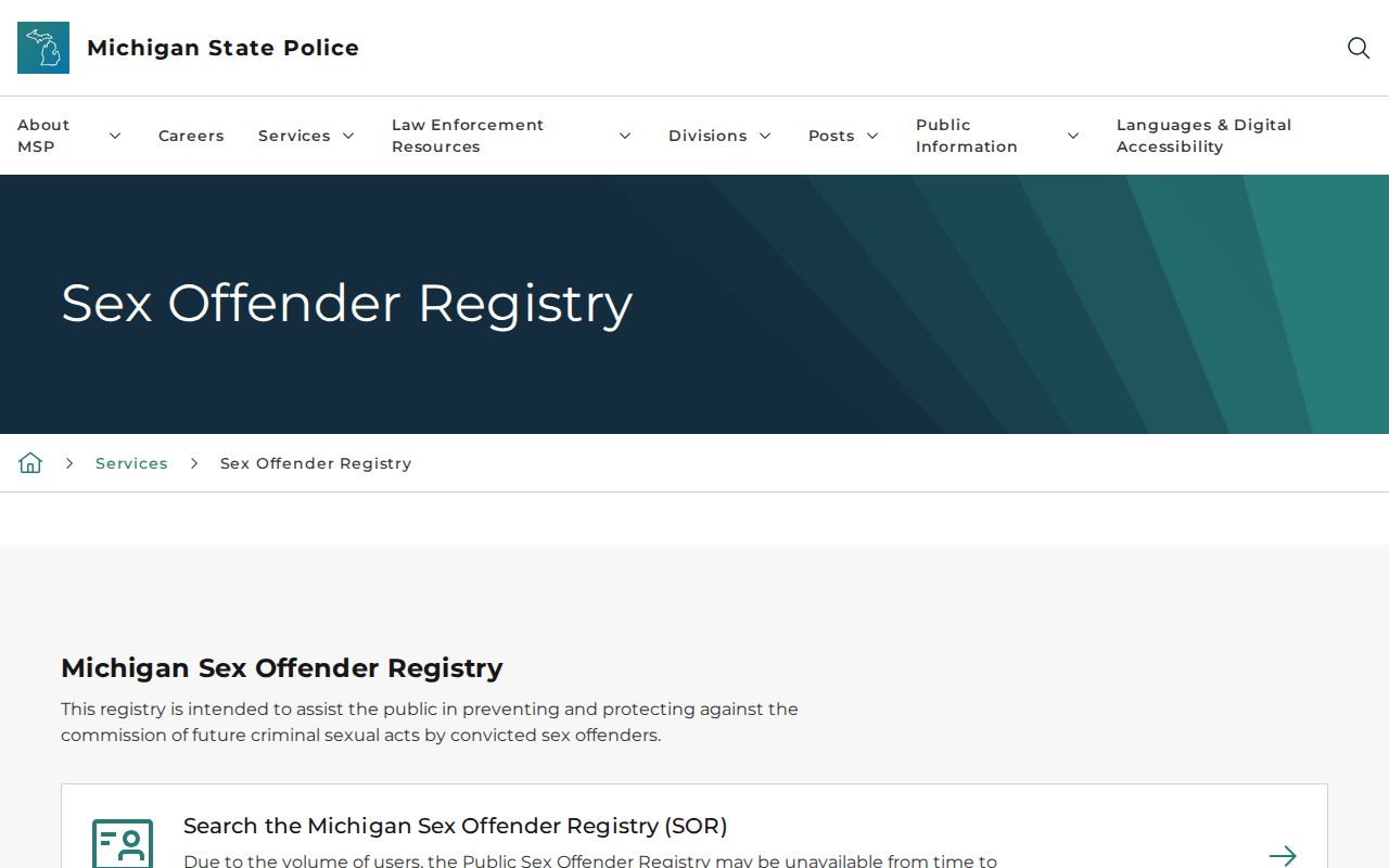 Delhi Township resident lookup image of the Michigan public registry page