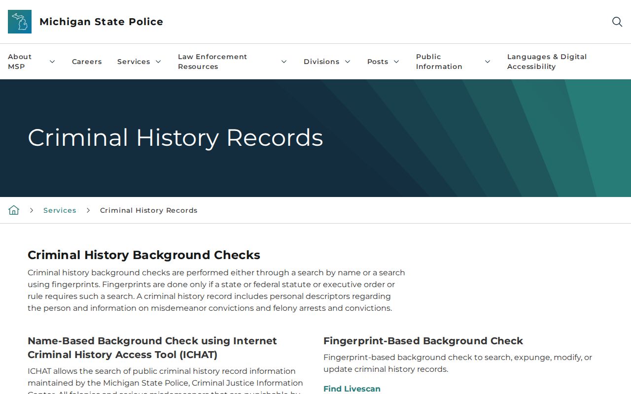Delhi Township resident lookup image of a Michigan State Police public criminal-history page