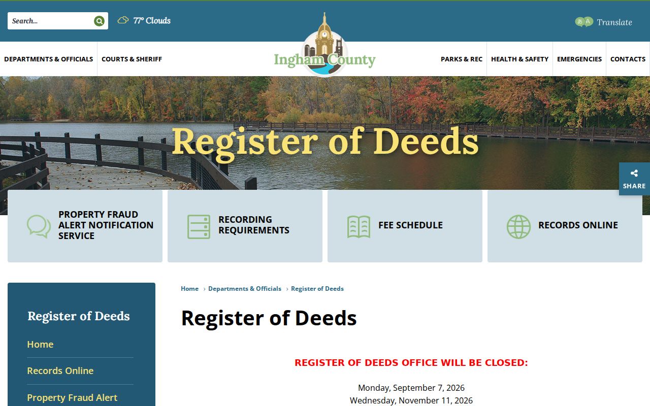 Delhi Township street directory Ingham Register of Deeds access information